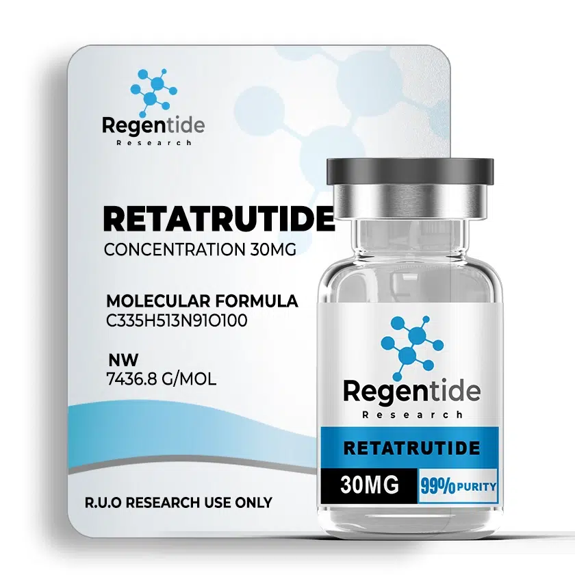Regentide Research vial and packaging for Retatrutide 30mg, labeled with molecular formula C335H513N910O100, molecular weight 7436.8 g/mol, and 99% purity.