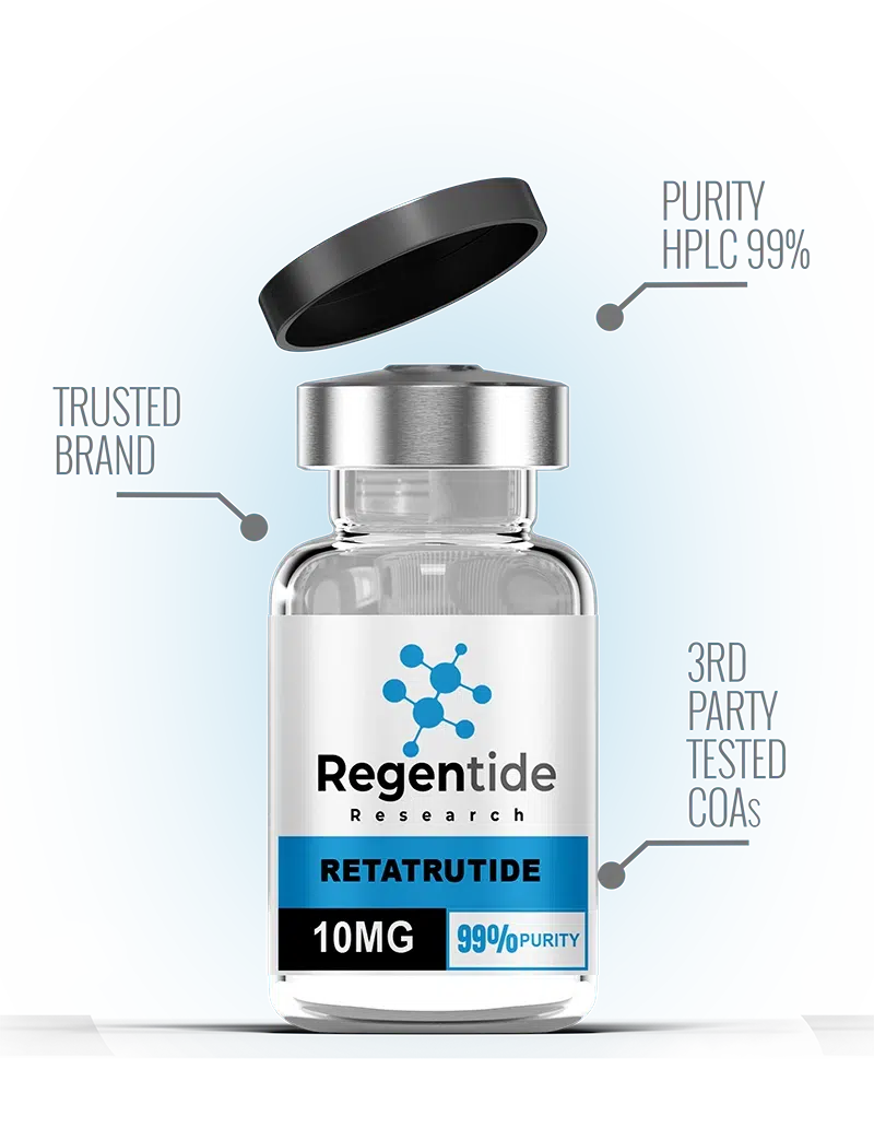 Regentide research peptide vial with purity and third-party testing callouts