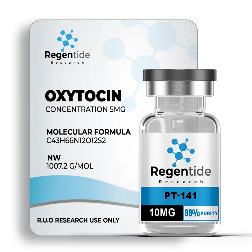 Oxytocin 5mg | Regentide Oxytocin 5mg research peptide vial by Regentide Research with molecular formula and laboratory-grade packaging